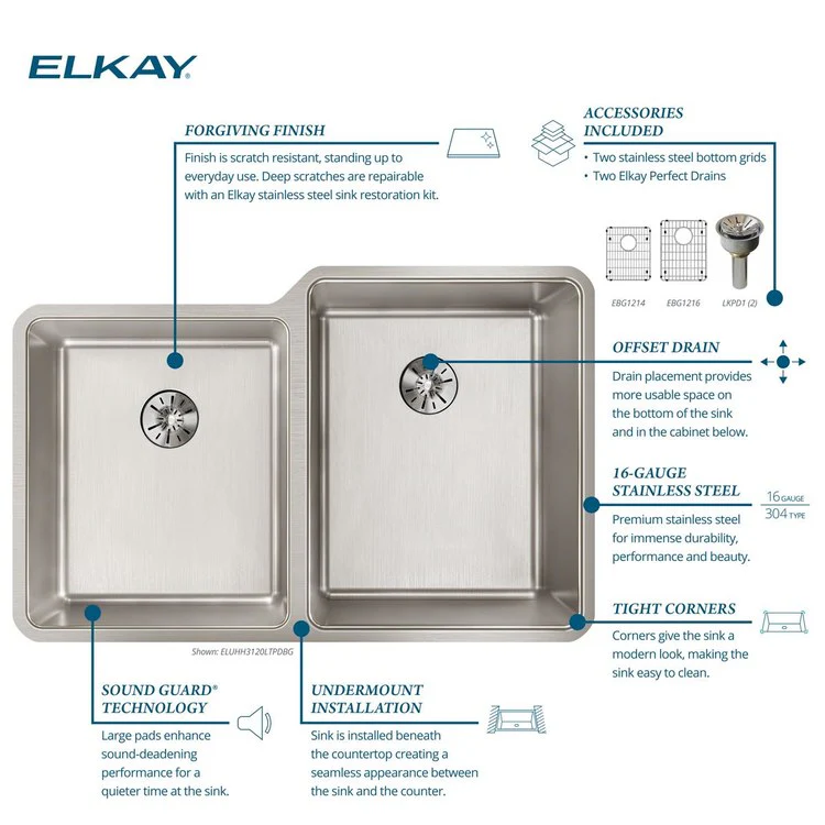 Sink Kit Lustertone Iconix Left Perfect Drain 31.25 x 20.5 Inch Double Bowl Luminous Satin One EBG1216 Bottom Grid One EBG1214 Bottom Grid Two LKPD1 Perfect Drain and Strainers - Frankwebs