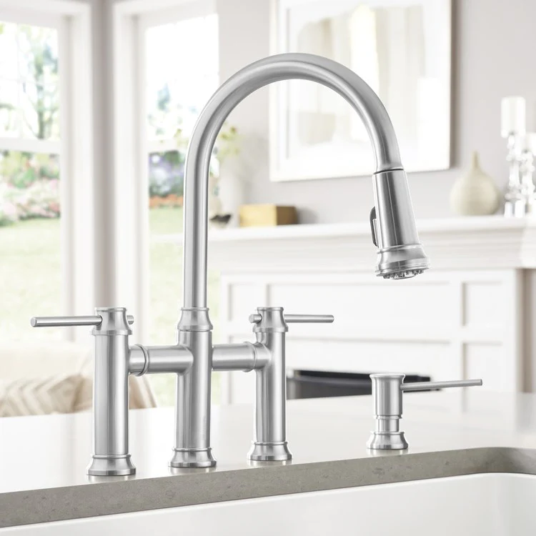 Empressa Two Handle Bridge Kitchen Faucet with Pull Down Sprayer - Stainless Steel - Frankwebs