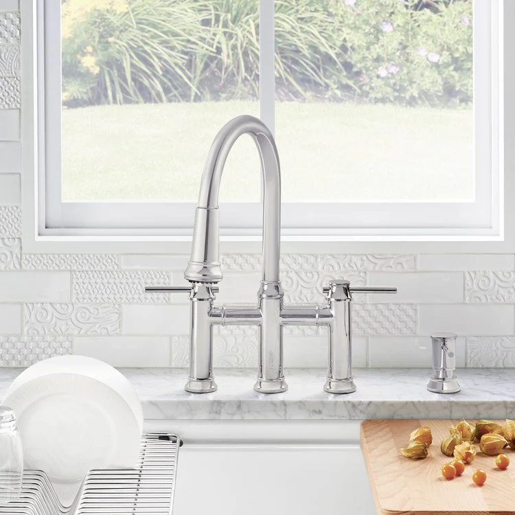 Empressa Two Handle Bridge Kitchen Faucet with Pull Down Sprayer - Chrome - Frankwebs