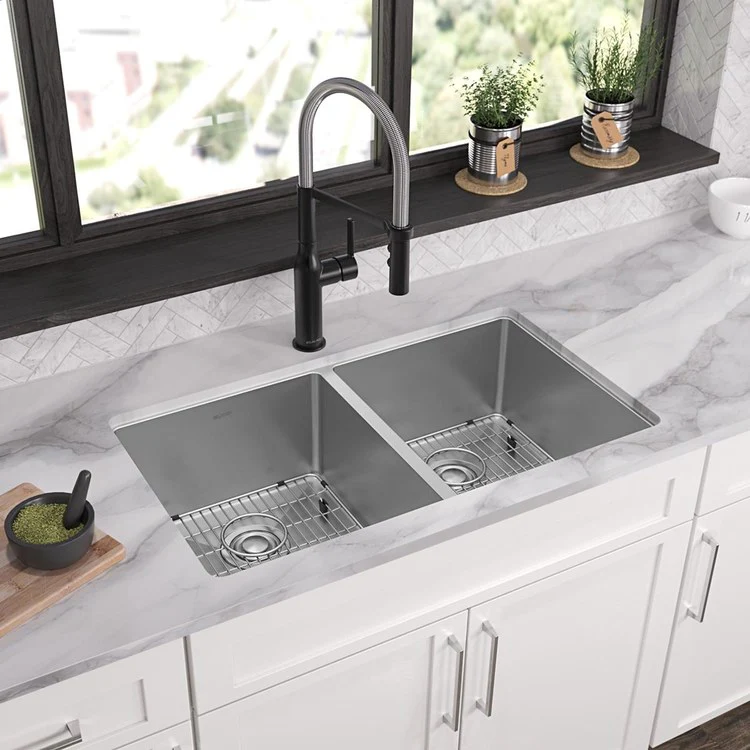 Kitchen Sink Crosstown 33 x 22 Inch Double Bowl Equal Kit 1 Hole Polished Satin Drop-In Undermount - Frankwebs