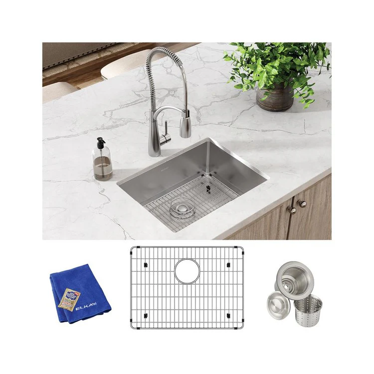 Sink Kit Crosstown 23.5 x 18.25 Inch Single Bowl Polished Satin Bottom Grid Strainer Drain Cleanser Towel Cloth Bag 10 Inch - Frankwebs