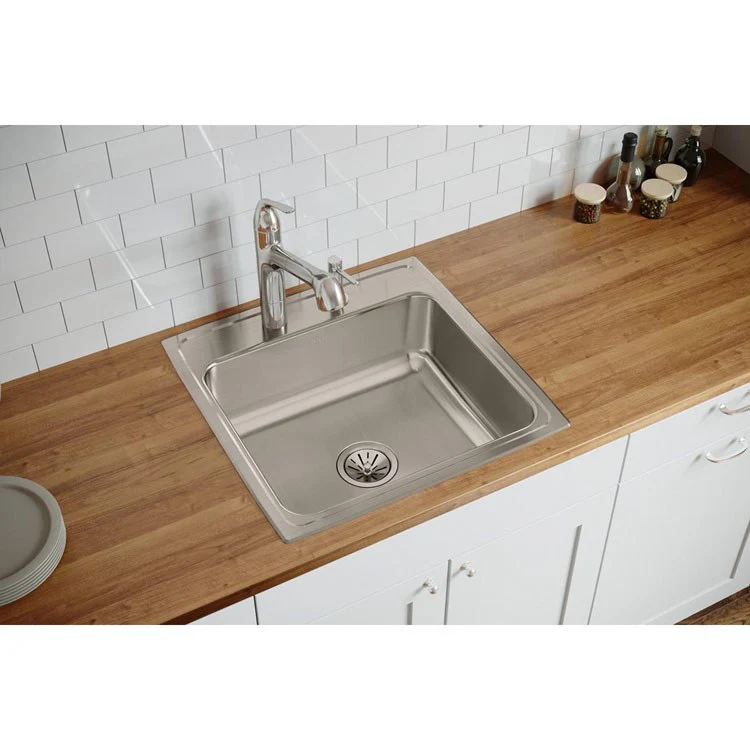 Kitchen Sink Lustertone Classic 22 x 22 Inch Single Bowl 2 Hole Lustrous Satin Drop-In Stainless Steel Drain Location Center Bottom Only Pads - Frankwebs