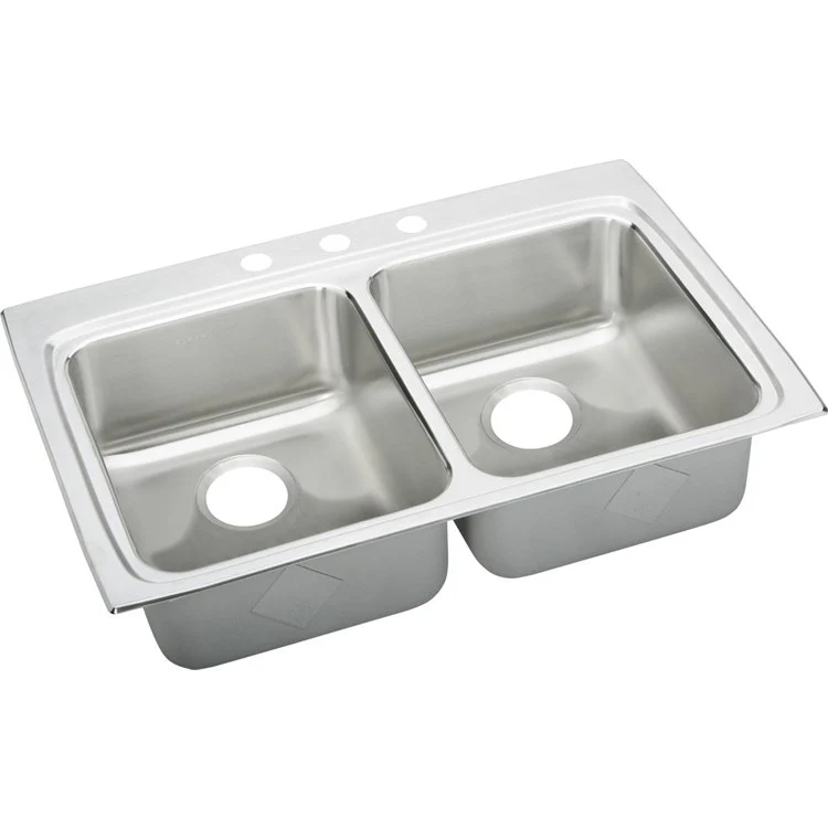 Kitchen Sink Lustertone Classic 33 x 22 Inch Double Bowl Equal 4 Hole ADA Lustrous Satin Drop-In Rectangle Drain Location Rear Center Depth 6-1/2 Inch Quick Clip Mounting System Bottom Only Pads - Frankwebs