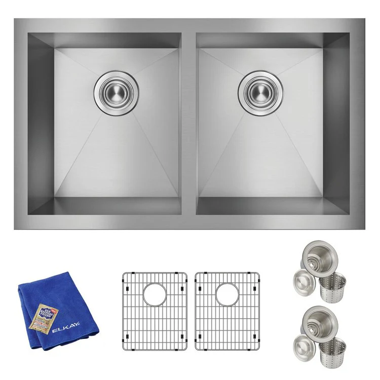 Sink Kit Crosstown Equal 30.75 x 18.5 Inch Double Bowl Polished Satin Two Bottom Grids Two Strainer Drain Cleanser Towel Cloth Bag - Frankwebs