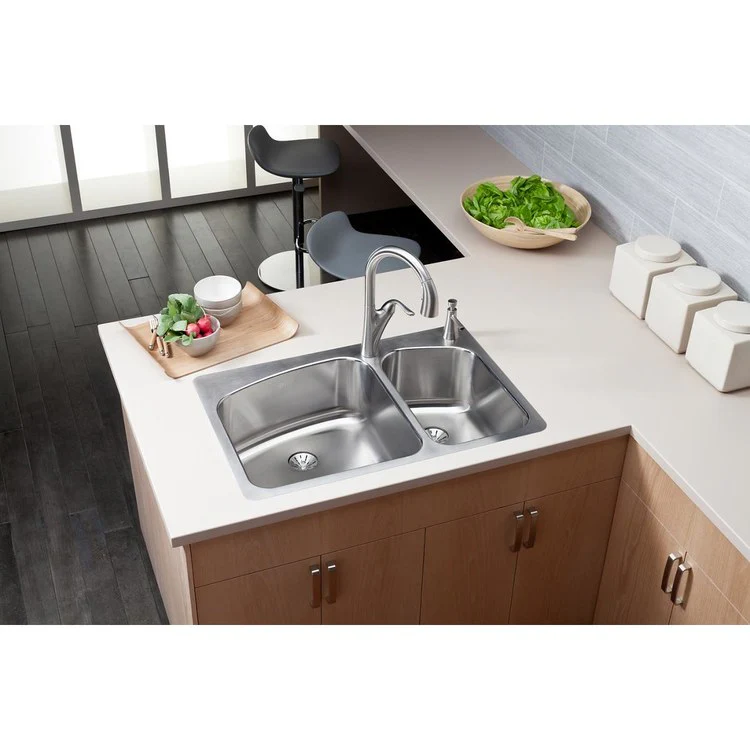 Kitchen Sink Lustertone Classic 33 x 22 Inch Double Bowl 60/40 with Perfect Drain 2R Hole Lustrous Satin Drop-In Stainless Steel Undermount Rear Drain Location Center Sides and Bottom Pads - Frankwebs