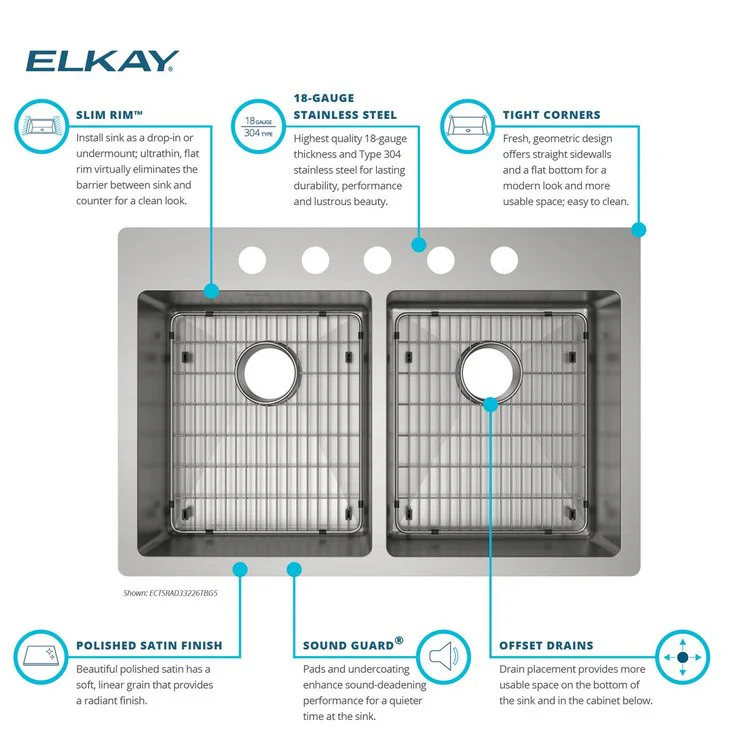 Kitchen Sink Crosstown 33 x 22 Inch Double Bowl Equal Kit 5 Hole ADA Polished Satin Drop-In Undermount Rectangle Drain Location Rear Center Depth 6 Inch Sound Guard Slim Rim - Frankwebs