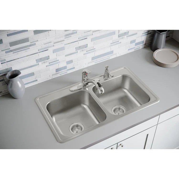 Kitchen Sink Dayton 33 x 19 Inch Double Bowl Equal 4 Hole Elite Satin Top Mount - Frankwebs
