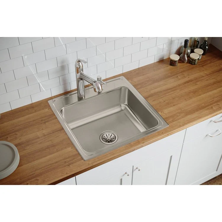 Kitchen Sink Lustertone Classic 22 x 22 Inch Single Bowl 2 Hole Lustrous Satin Drop-In Stainless Steel Drain Location Center Bottom Only Pads - Frankwebs