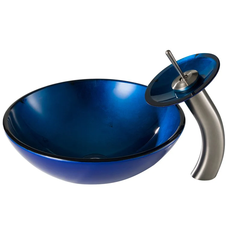Irruption Blue Glass Bathroom Vessel Sink and Waterfall Faucet Combo Set with Disk and Pop-Up Drain - Frankwebs