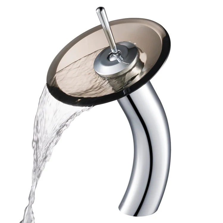 Tall Waterfall Bathroom Faucet for Vessel Sink with Clear Brown Glass Disk - Frankwebs