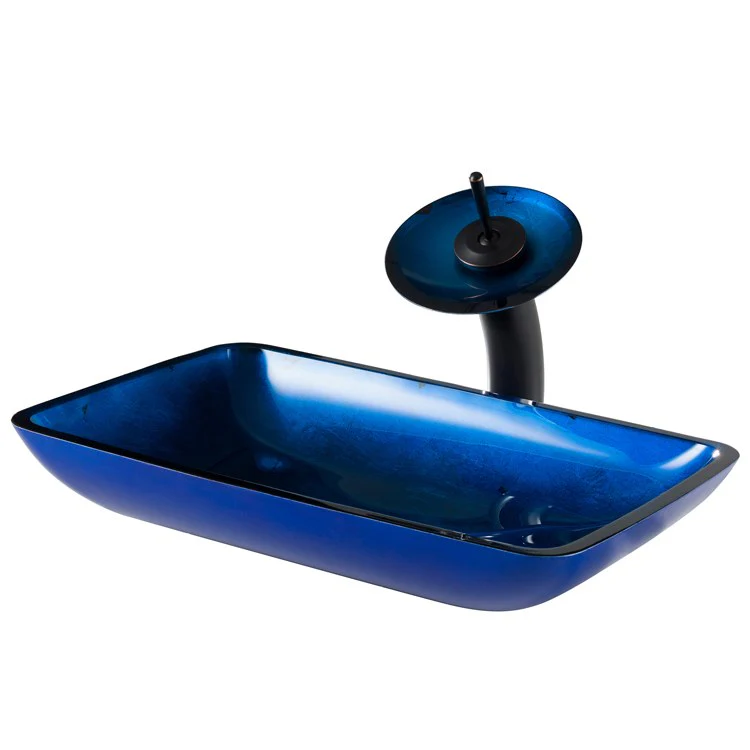 Rectangular Blue Glass Bathroom Vessel Sink and Waterfall Faucet Combo Set with Disk and Pop-Up Drain - Frankwebs