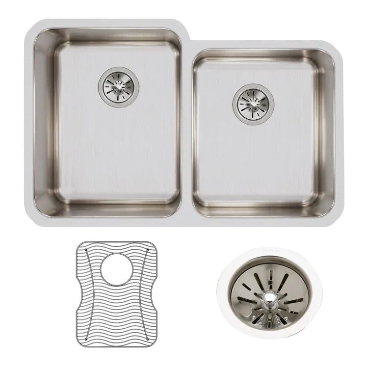 Sink Kit Lustertone Classic Offset 31.25 x 20.5 Inch Double Bowl Lustrous Satin Bottom Grid and Drain - Frankwebs