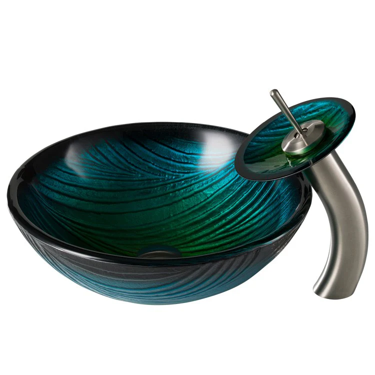 Nature Series Green Glass Bathroom Vessel Sink and Waterfall Faucet Combo Set with Disk and Pop-Up Drain - Frankwebs