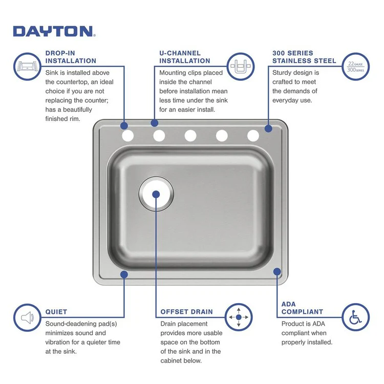 Kitchen Sink Dayton 25 x 21.25 Inch Single Bowl 5 Hole ADA Satin Drop-In Rectangle Drain Location Rear Left Depth 5-3/8 Inch Bottom Only Pads - Frankwebs
