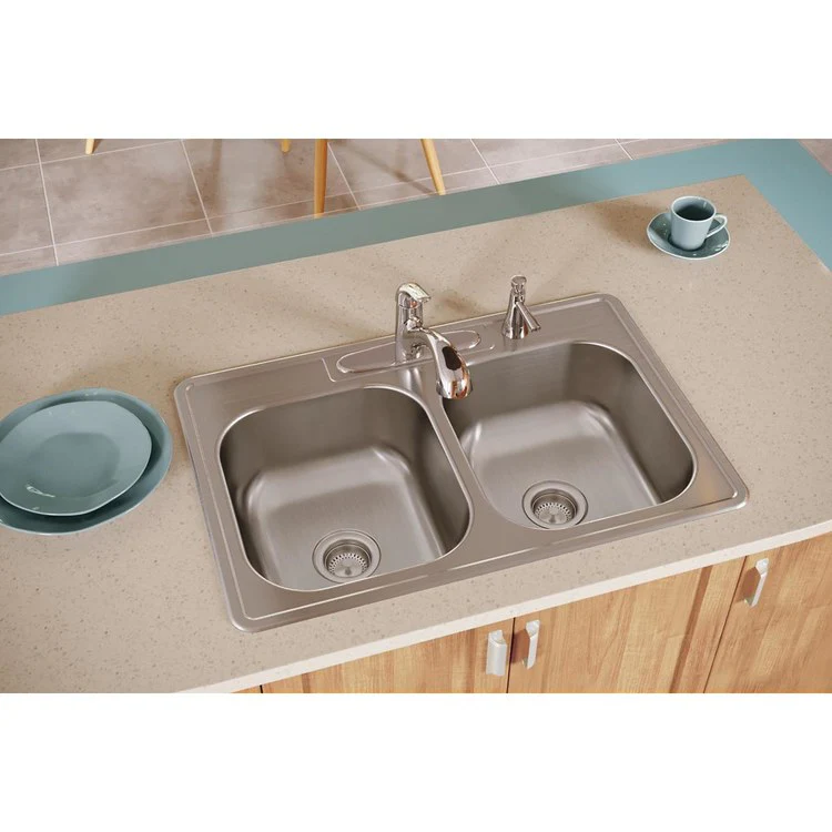 Kitchen Sink Dayton 33 x 22 Inch Double Bowl Equal MR2 Hole Elite Satin Top Mount - Frankwebs
