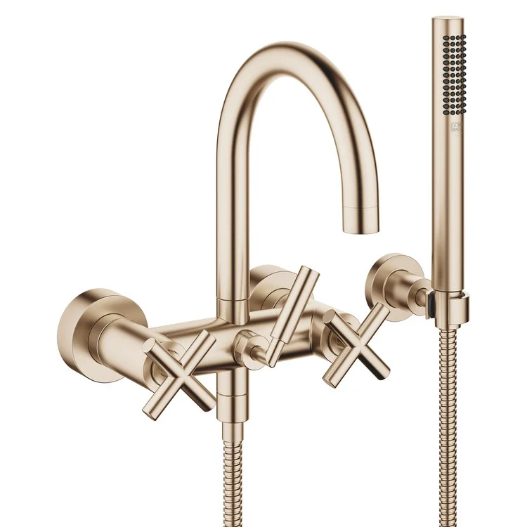 Tub Filler TARA Mixer for Wall Mount with Handshower 5-7/8 Inch Spread 3 Cross/Lever Brushed Champagne - Frankwebs