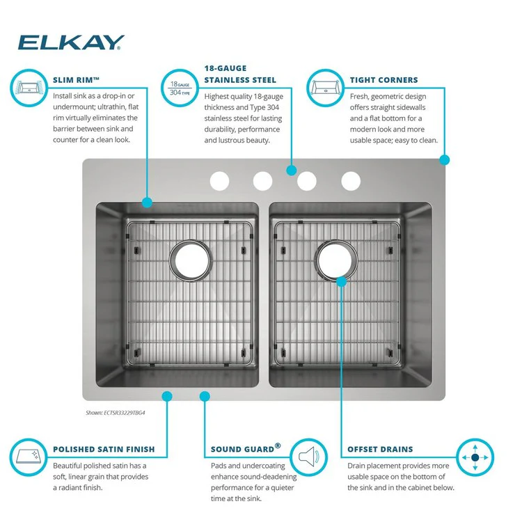 Kitchen Sink Crosstown 33 x 22 Inch Double Bowl Equal Kit 4 Hole Polished Satin Drop-In Undermount - Frankwebs