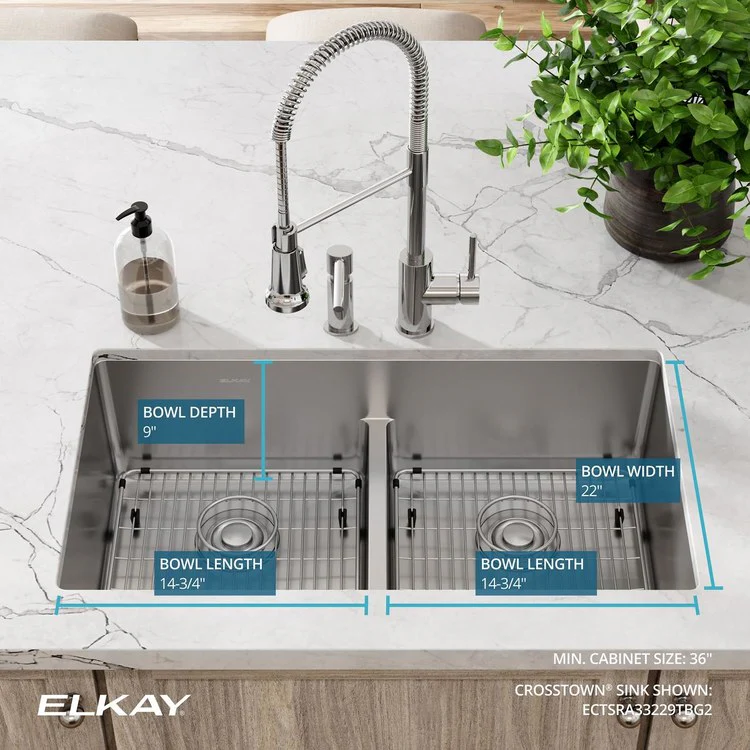 Kitchen Sink Crosstown 33 x 22 Inch Double Bowl Equal Kit with Aqua Divide 2 Hole Polished Satin Drop-In Undermount - Frankwebs