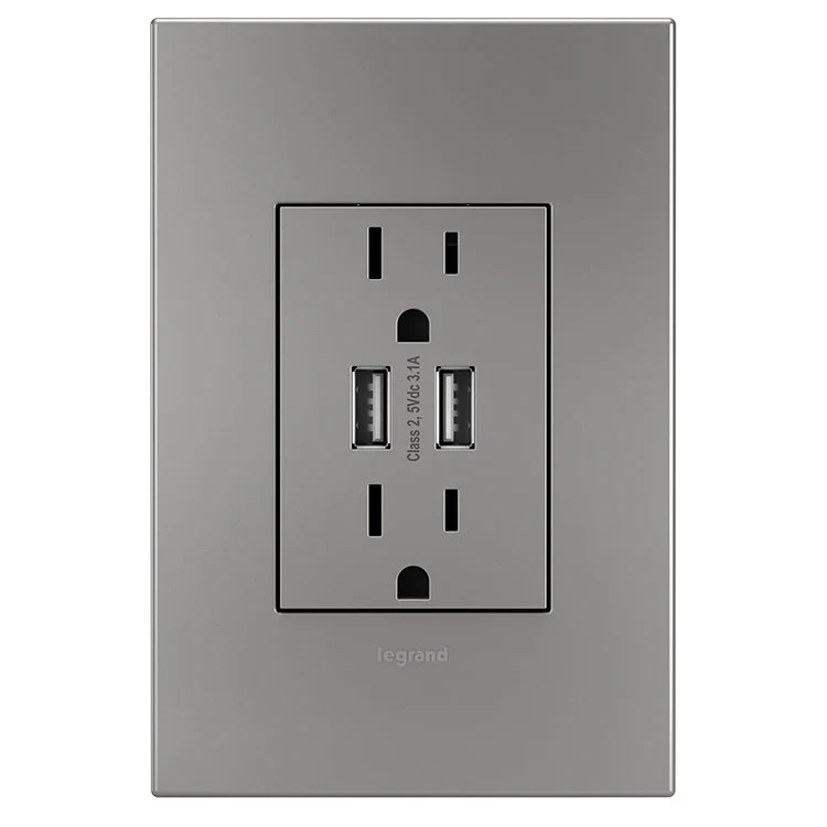 Receptacle adorne Dual USB Combo 15 Amps 120 Volt Magnesium - Frankwebs