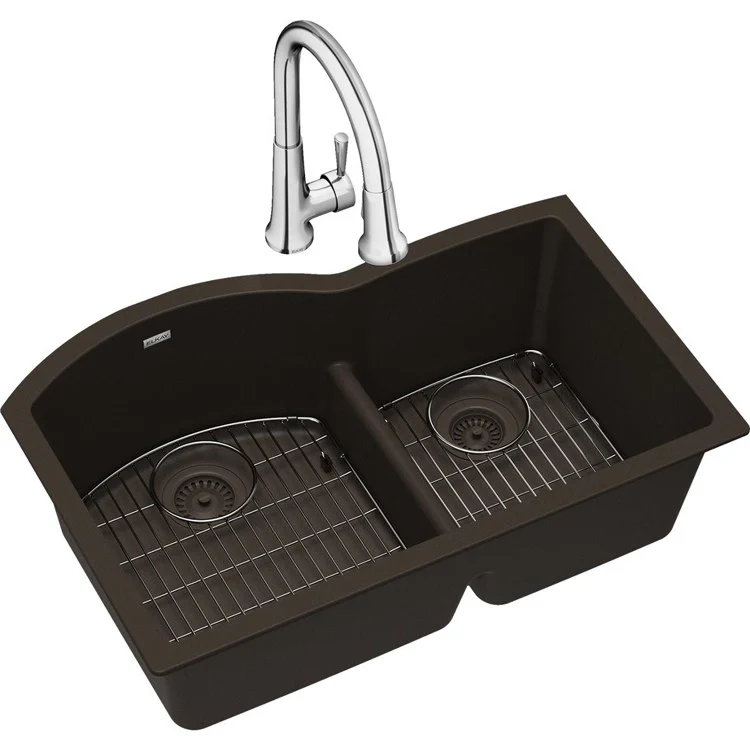 Kitchen Sink Quartz Classic 33 x 22 Inch Double Bowl Offset 60/40 Kit with Faucet & Aqua Divide Black Undermount - Frankwebs