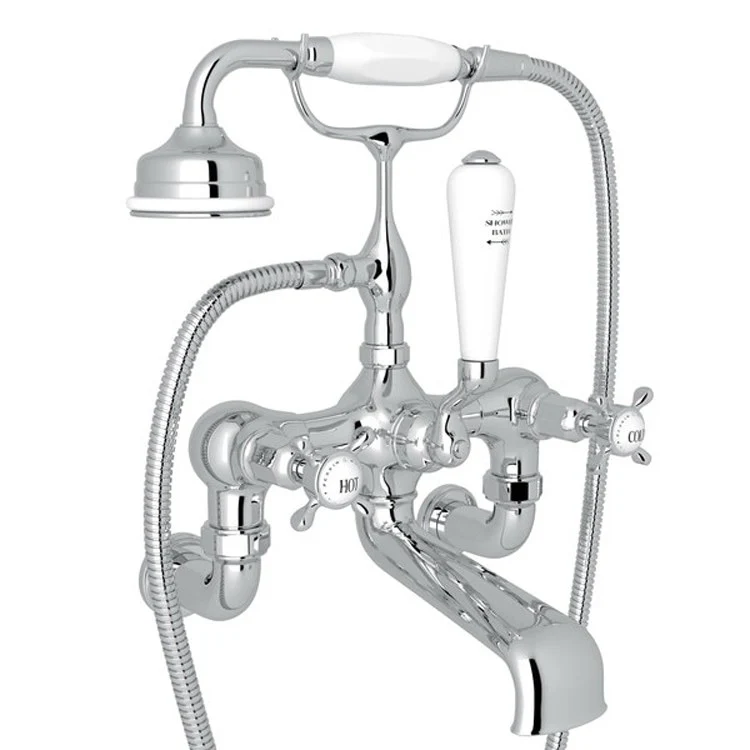 Tub Filler Edwardian Exposed Wall Mount with Handshower 7-7/8 Inch Spread 3 Cross/Lever Fixed Spout Polished Chrome - Frankwebs