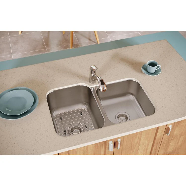 Kitchen Sink Dayton 31.75 x 20.5 Inch Double Bowl Offset Kit with Faucet & Bottom Grid Radiant Satin Undermount - Frankwebs