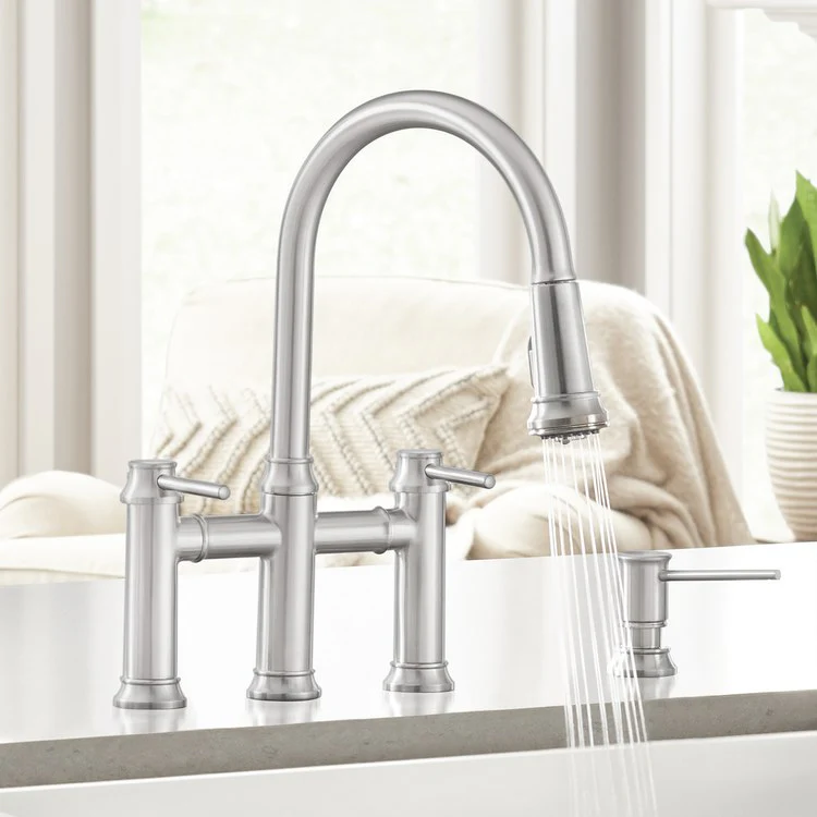 Empressa Two Handle Bridge Kitchen Faucet with Pull Down Sprayer - Stainless Steel - Frankwebs