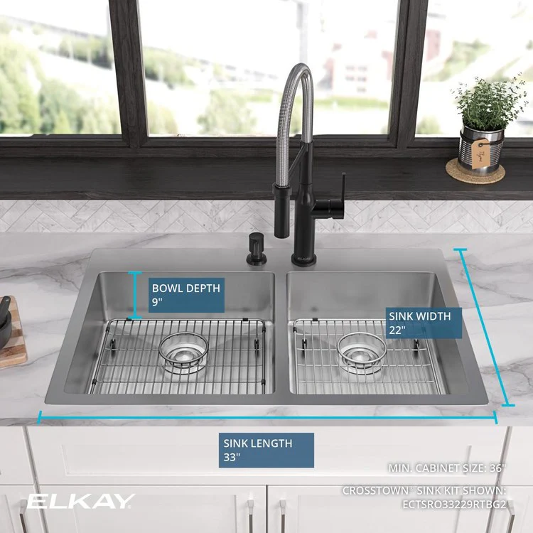 Kitchen Sink Crosstown 33 x 22 Inch Double Bowl 60/40 Kit 2 Hole Polished Satin Drop-In Undermount - Frankwebs