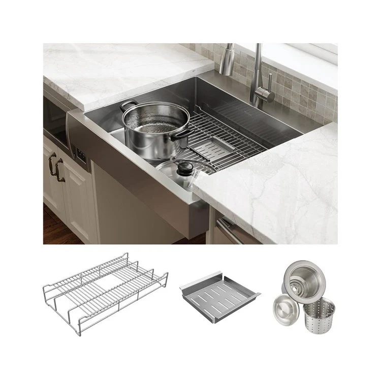 Kitchen Sink Dart Canyon 30 x 27.25 Inch Single Bowl Workstation ADA Polished Satin Farmhouse Rectangle Drain Location Rear Center Depth 9-2/3 Inch Full Spray Sides and Bottom with Sides and Bottom Pads Work Shelf - Frankwebs