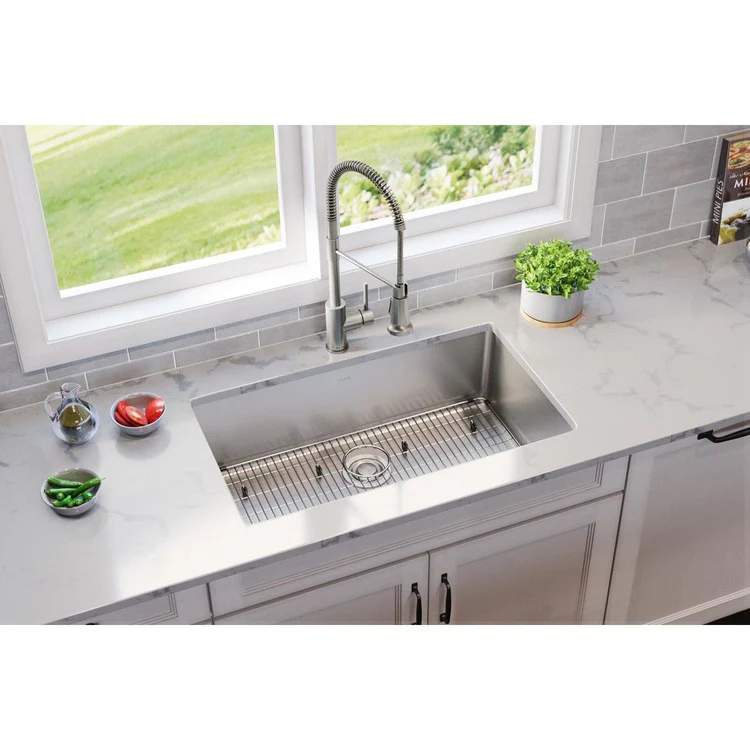 Sink Kit Lustertone Iconix 32.5 x 19.5 Inch Single Bowl Luminous Satin Bottom Grid Drain Strainer - Frankwebs