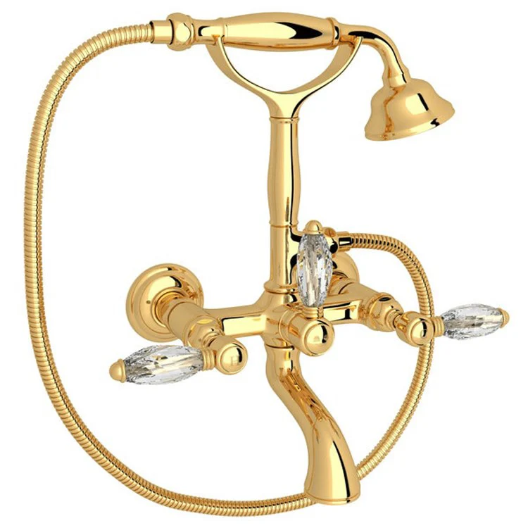 Tub Filler Wall Mount with Handshower 3 Crystal Lever Exposed Spout Tuscan Brass - Frankwebs