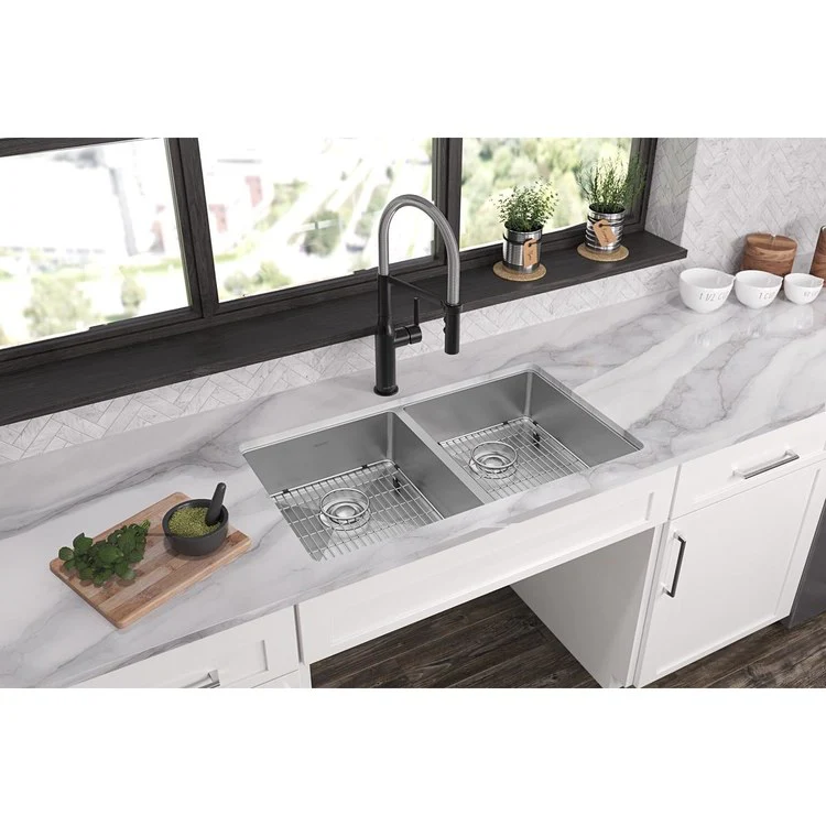 Kitchen Sink Crosstown 33 x 22 Inch Double Bowl Equal Kit 1 Hole ADA Polished Satin Drop-In Undermount Rectangle Drain Location Rear Center Depth 6 Inch Sound Guard Slim Rim - Frankwebs