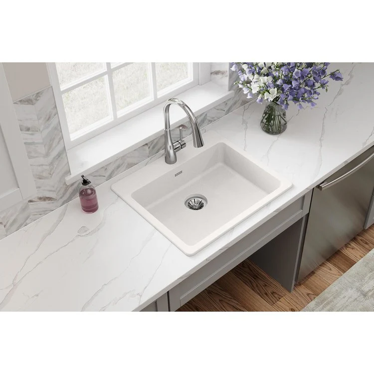 Kitchen Sink Quartz Classic 25 x 22 Inch Single Bowl ADA White Drop-In Rectangle Drain Location Rear Center Depth 5-1/2 Inch Naturally Sound Deadening Superior Heat Scratch Fade and Stain Resistance - Frankwebs