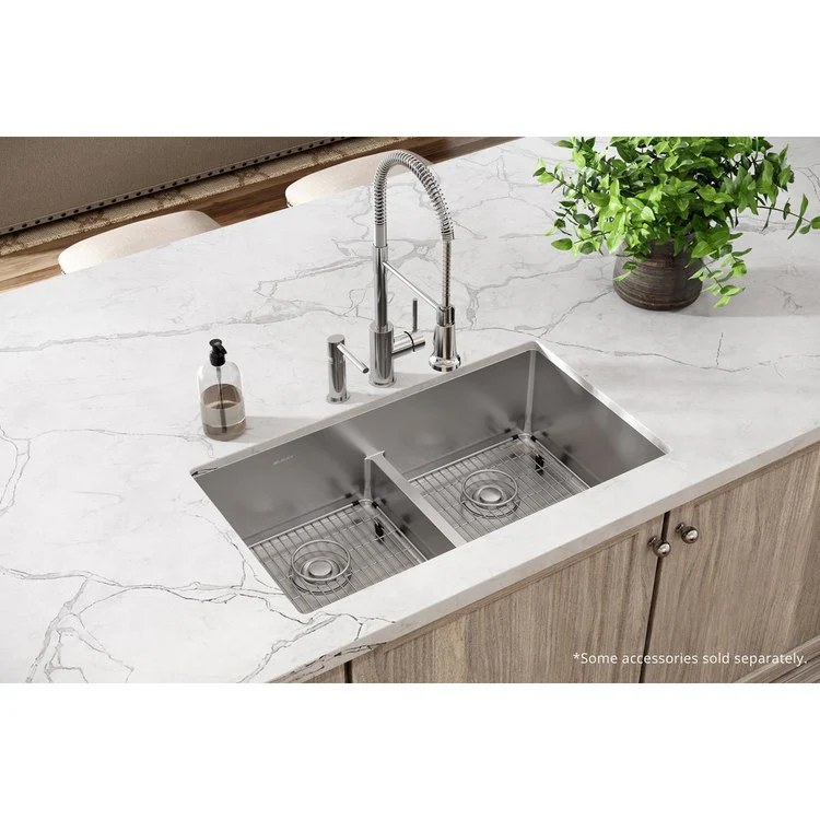 Kitchen Sink Crosstown 33 x 22 Inch Double Bowl Equal Kit with Aqua Divide 2 Hole Polished Satin Drop-In Undermount - Frankwebs