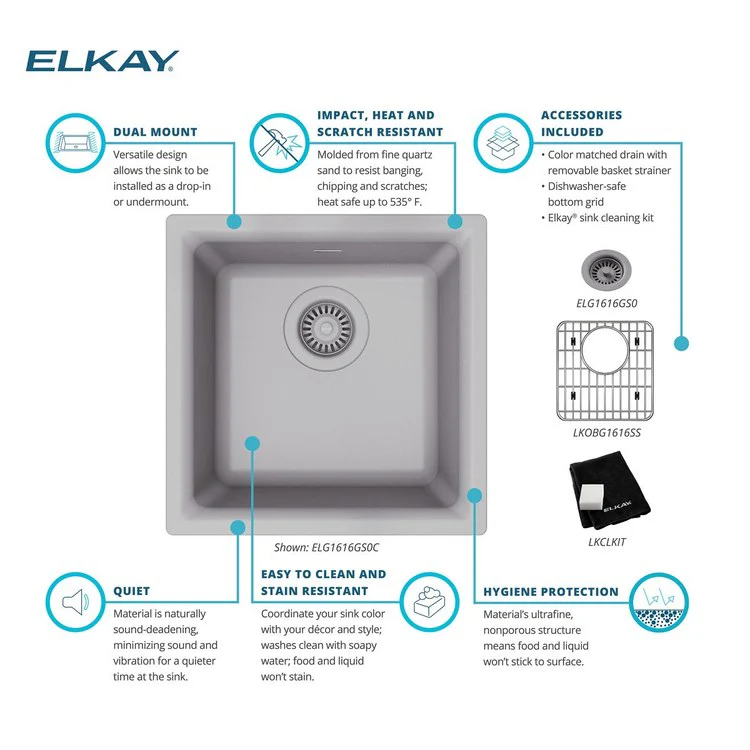 Kitchen Sink Quartz Classic 15.75 x 15.75 Inch Single Bowl Bar Kit Greystone Drop-In Undermount - Frankwebs