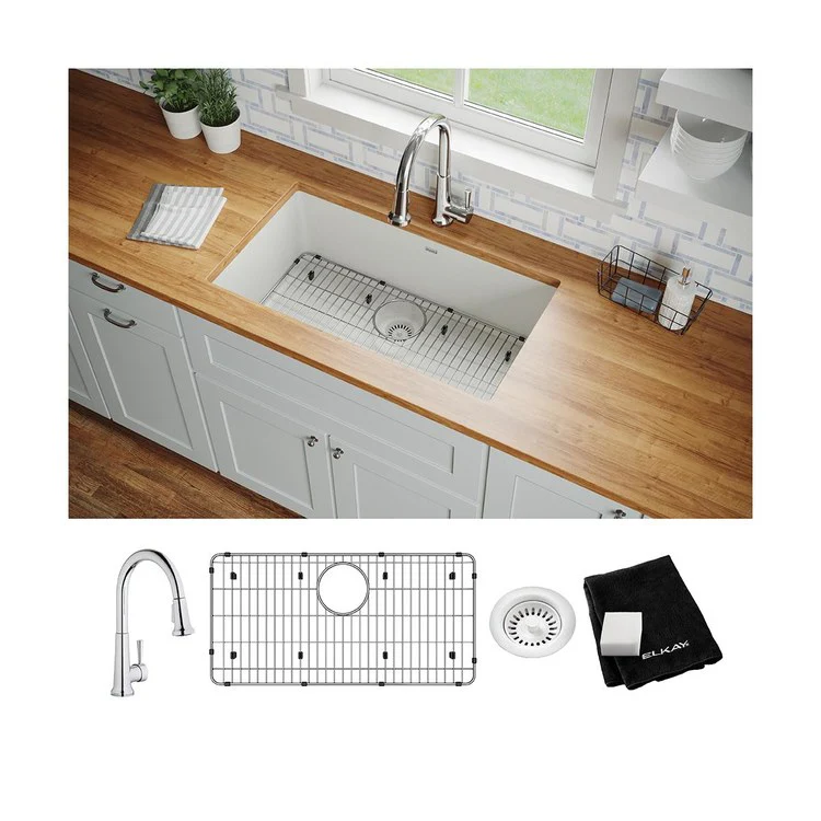 Kitchen Sink Quartz Classic 33 x 18.5 Inch Single Bowl Kit with Faucet White Undermount - Frankwebs
