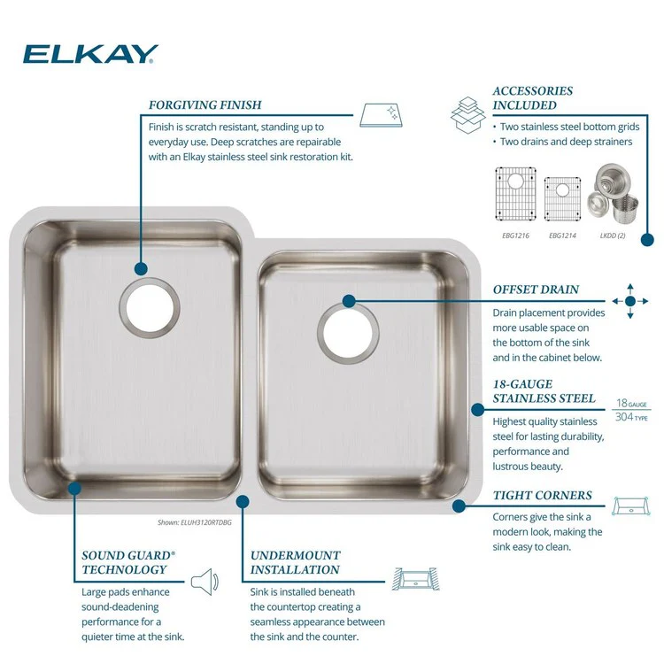 Sink Kit Lustertone Iconix Right Small Bowl 31.25 x 20.5 Inch Double Bowl Luminous Satin One EBG1216 Bottom Grid One EBG1214 Bottom Grid Two LKDD Drain and Strainers - Frankwebs