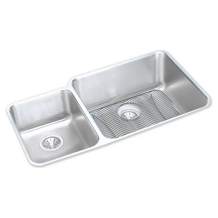 Kitchen Sink Lustertone Classic 35 x 20.5 Inch Double Bowl Offset 40/60 Kit Lustrous Satin Undermount - Frankwebs
