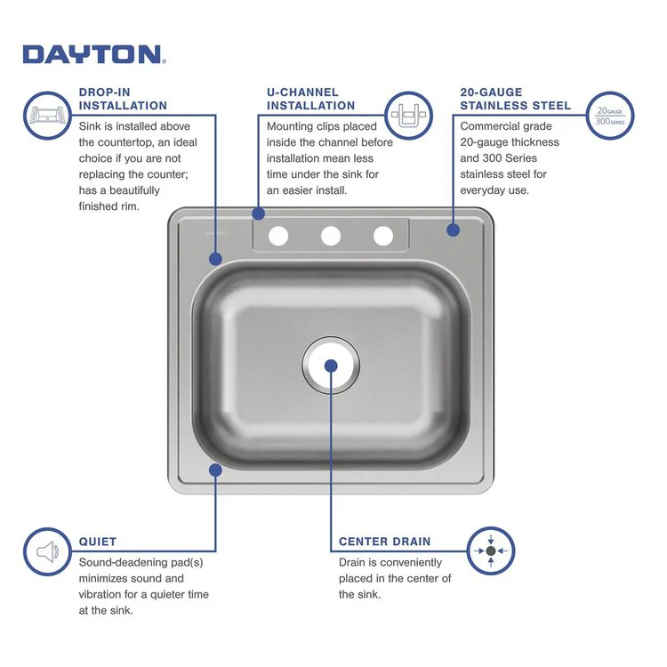 Kitchen Sink Dayton 25 x 22 Inch Single Bowl 3 Hole Elite Satin Drop-In Drain Location Center Bottom Only Pads - Frankwebs