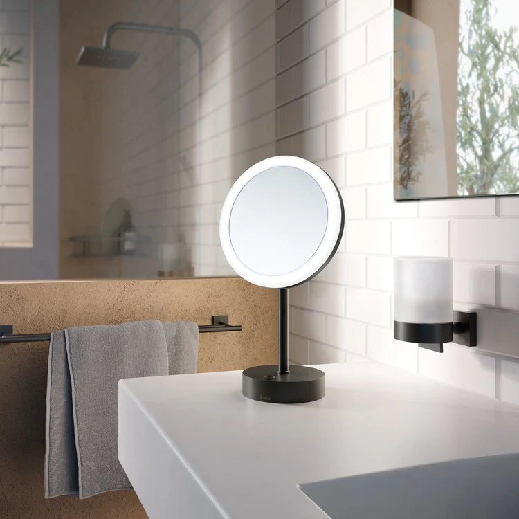 Shaving/Make Up Mirror Freestanding with Dual LED Light Black Round Framed 4-3/4 x 7-7/8 x 15 Inch - Frankwebs