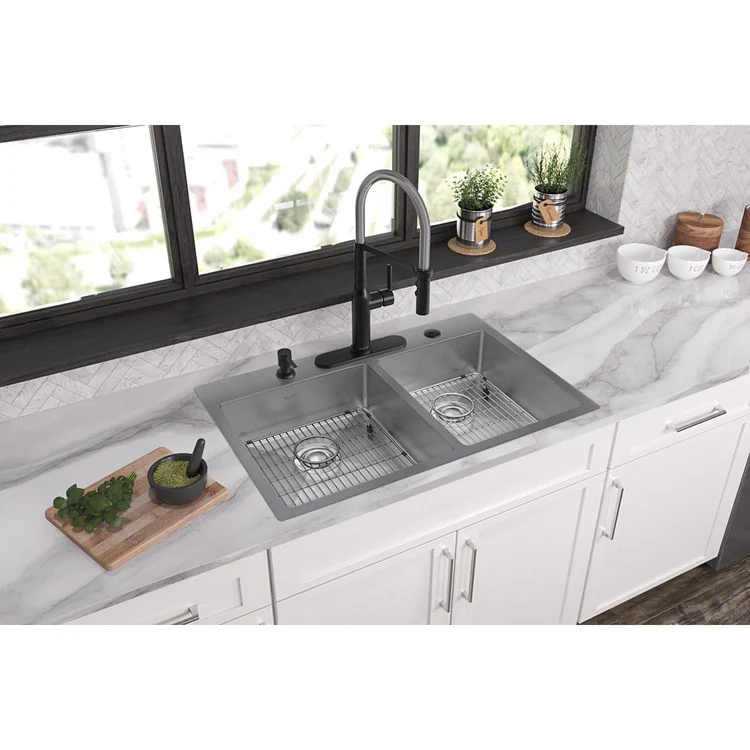 Kitchen Sink Crosstown 33 x 22 Inch Double Bowl 60/40 Kit 5 Hole Polished Satin Drop-In Undermount - Frankwebs