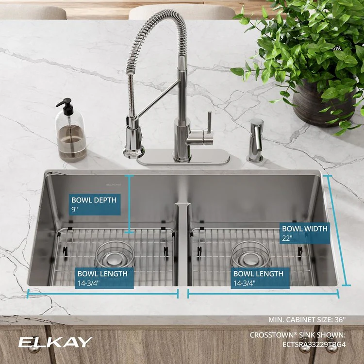 Kitchen Sink Crosstown 33 x 22 Inch Double Bowl Equal Kit with Aqua Divide 4 Hole Polished Satin Drop-In Undermount - Frankwebs