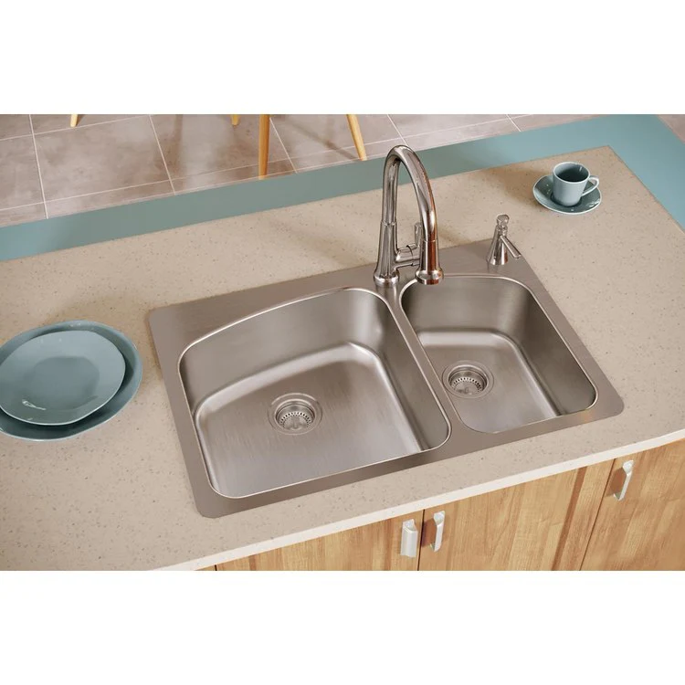 Kitchen Sink Dayton 33 x 22 Inch Double Bowl 60/40 Offset 2R Hole Premium Highlighted Satin Top Mount Undermount - Frankwebs