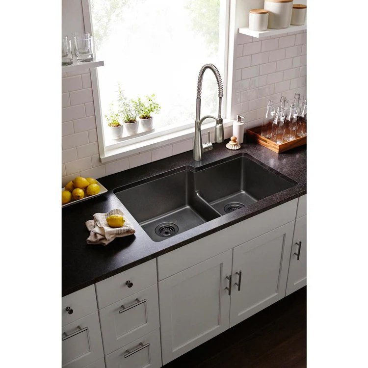 Kitchen Sink Quartz Classic 33 x 20.5 Inch Double Bowl Offset 60/40 with Aqua Divide Greystone Undermount - Frankwebs