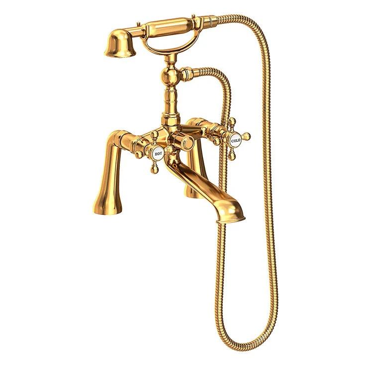 Tub Filler Astor Deck Mount Exposed with Handshower 7-1/4 Inch Spread 2 Cross ADA Antique Brass 2 Hole - Frankwebs