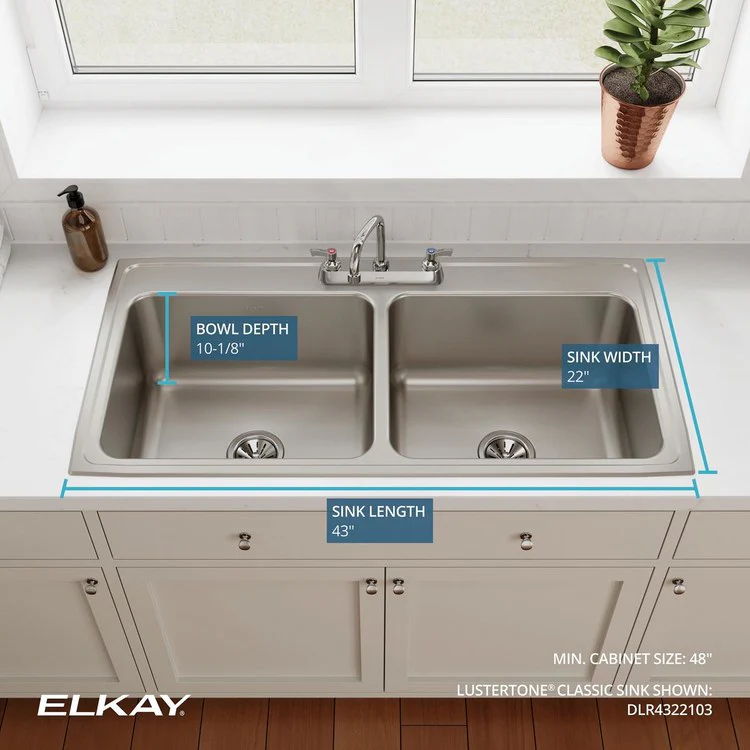 Kitchen Sink Lustertone Classic 43 x 22 Inch Double Bowl Equal 3 Hole Lustrous Satin Drop-In 10-1/8 Inch - Frankwebs