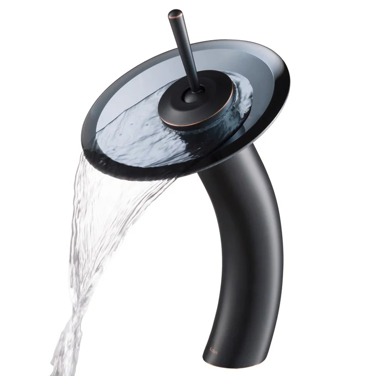 Tall Waterfall Bathroom Faucet for Vessel Sink with Clear Black Glass Disk - Frankwebs