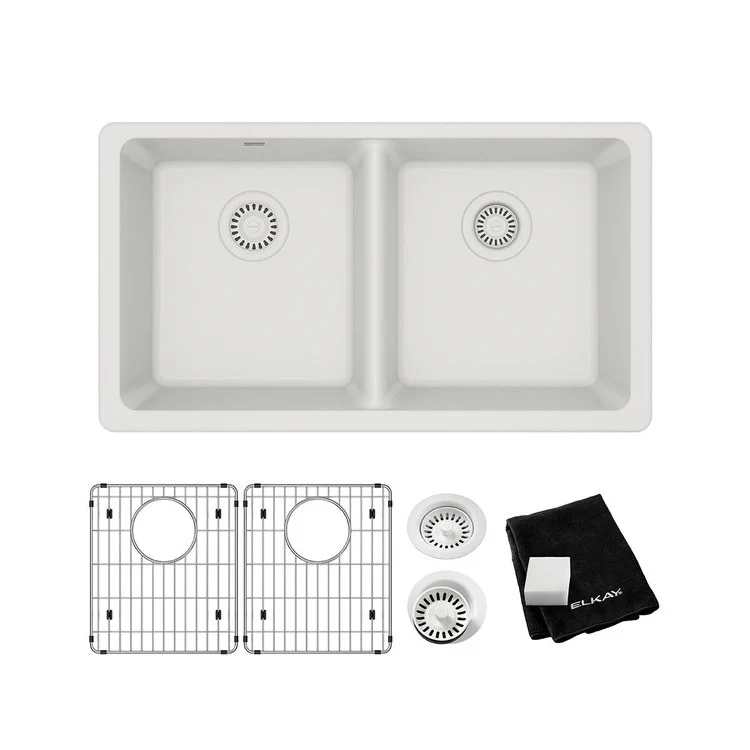Sink Kit Quartz Classic Equal 33 x 18.5 Inch Double Bowl White Two Bottom Grids Two Drains Cleaning Kit - Frankwebs