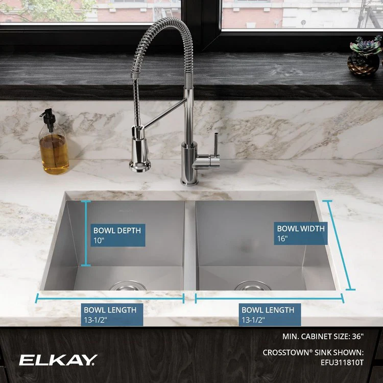Kitchen Sink Crosstown 30.75 x 18.5 Inch Double Bowl Equal Polished Satin Undermount Drain Location Rear Center Includes 1000001405 Template - Frankwebs