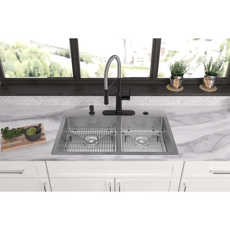 Kitchen Sink Crosstown 33 x 22 Inch Double Bowl 60/40 Kit 5 Hole Polished Satin Drop-In Undermount - Frankwebs